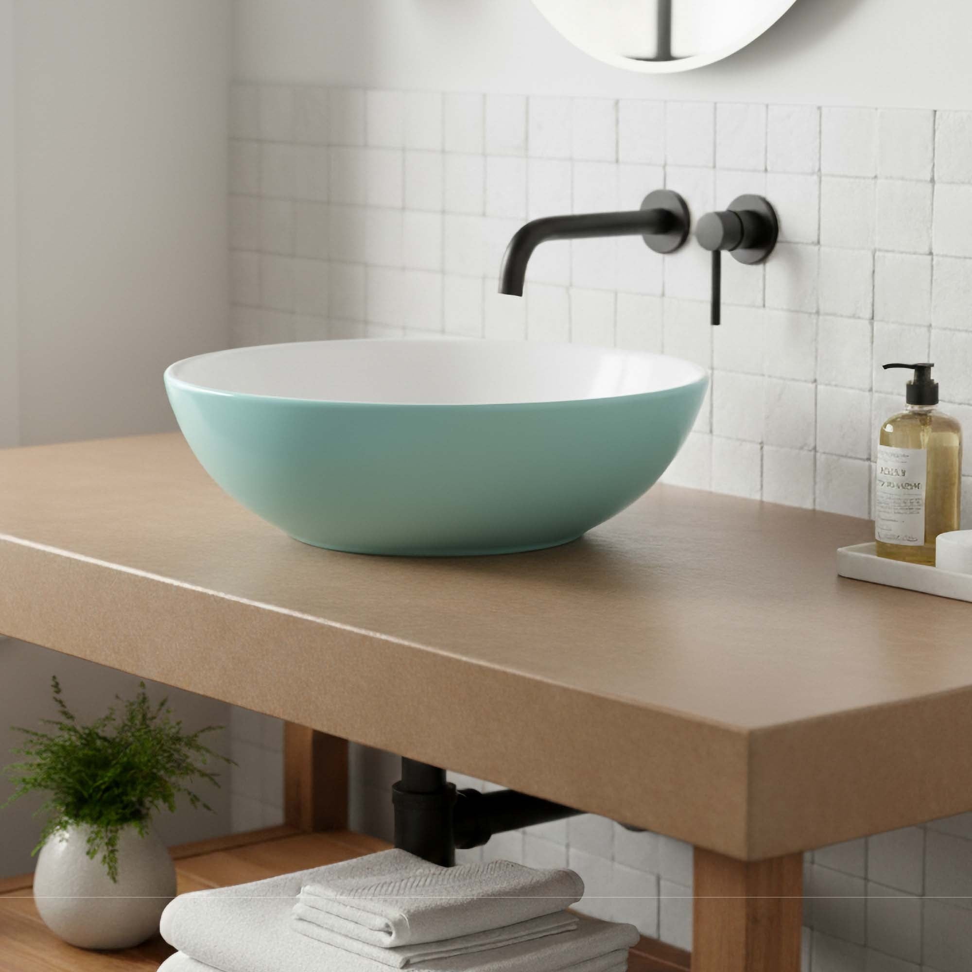 16" Round Ceramic Vessel Bathroom Sink – Modern Textured Interior Bowl Design in Mist Blue
