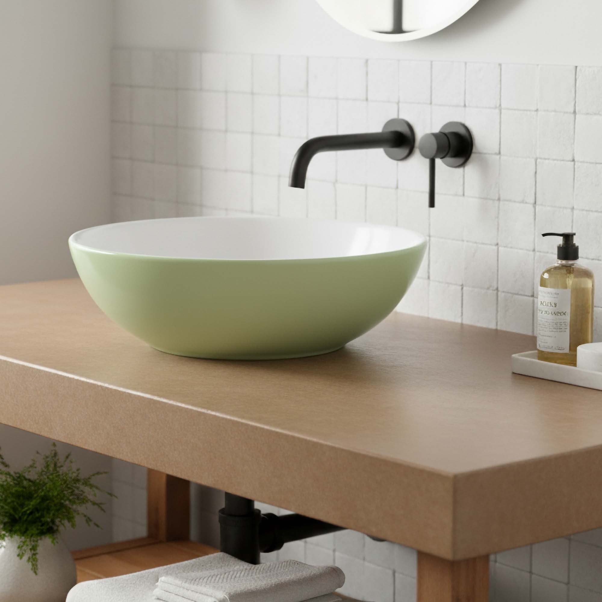 16" Round Ceramic Vessel Bathroom Sink – Modern Textured Interior Bowl Design in Sage Green