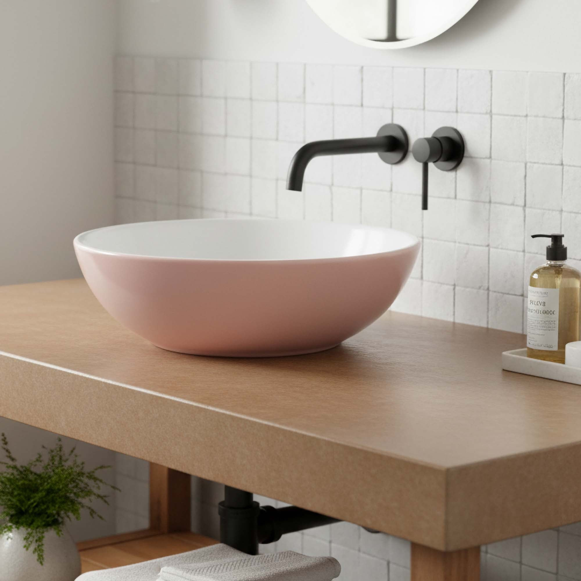 16" Round Ceramic Vessel Bathroom Sink – Modern Textured Interior Bowl Design in Vintage Rose