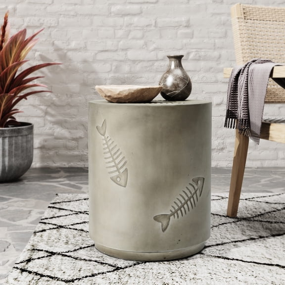 16'' Round Grey Magnesium Oxide Side Table with Lifelike Fish / Durable, Lightweight, and Ready to Go