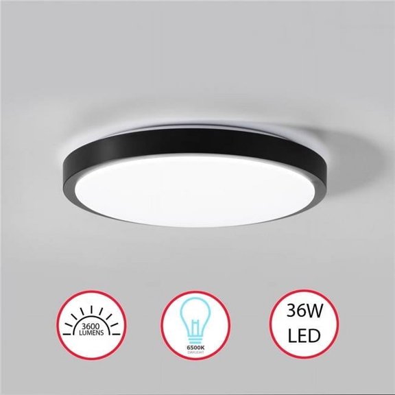 16" Round LED Ceiling Light Fixture - Modern Flush Mount 36W 6500K Cool Daylight Energy - Ideal for Office Kitchen Bedroom Living Room Bathroom Dining Room Hallway and Entryway, Black