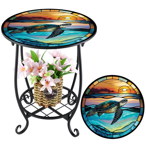 16" Round Mosaic Side Table, Decorative Ceramic Accent Table for Indoor & Outdoor Use, Versatile Coffee & End Table for Living Room, Patio, Porch, Balcony & Garden (Sturdy Metal Frame)