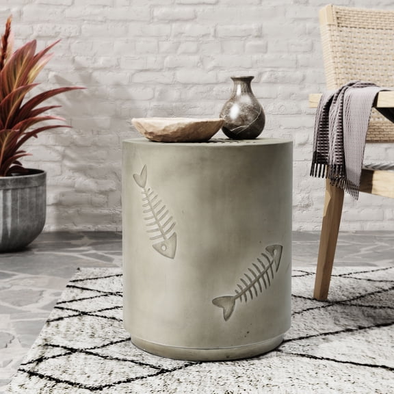 16'' Round Side Table of Grey Magnesium Oxide with Fish Pattern / No Assembly, Suitable for Beverage Placement