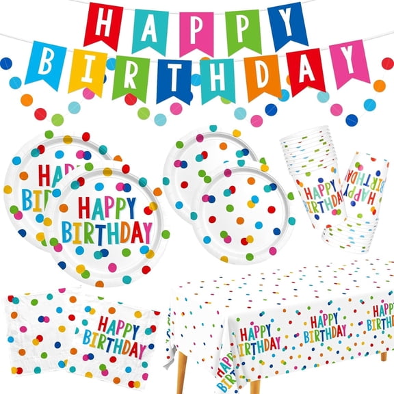 16-Serve Happy Birthday Decorations Set - Disposable Paper Plates, Napkins, Cups, Tablecloth & Banner with Birthday Dots Design, Complete Birthday Party Supplies