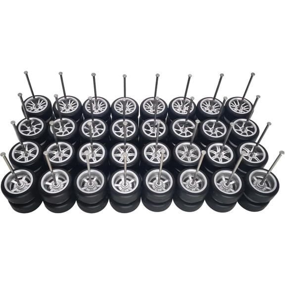 16 Set 1/64 Wheels and Tires Kit Simulation 1 64 Scale Wheels with Rubber Tires and Hub Suitable for Adding Collection Value to 1/64 Model Cars (Silver)