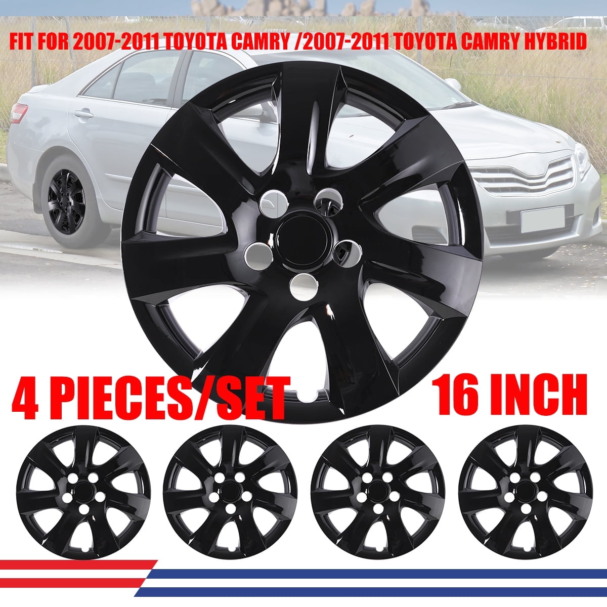 16" Set Of 4 Hubcaps Wheel Rims Cover for 2007-2011 TOYOTA CAMRY /2007-2011 TOYOTA CAMRY HYBRID Compatible With Steel Wheels Snap On Installation(16-Inch,BLACK LACQUER)