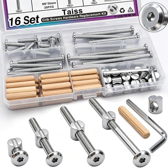 16 Set Crib Screws M6x20mm/40mm/60mm/80mm Hex Socket Cap Bolt,Barrel Nuts&Dowel Pins,Furniture Bolt,Baby Bed Bolts Hardware Replacement Kit for Beds Furniture