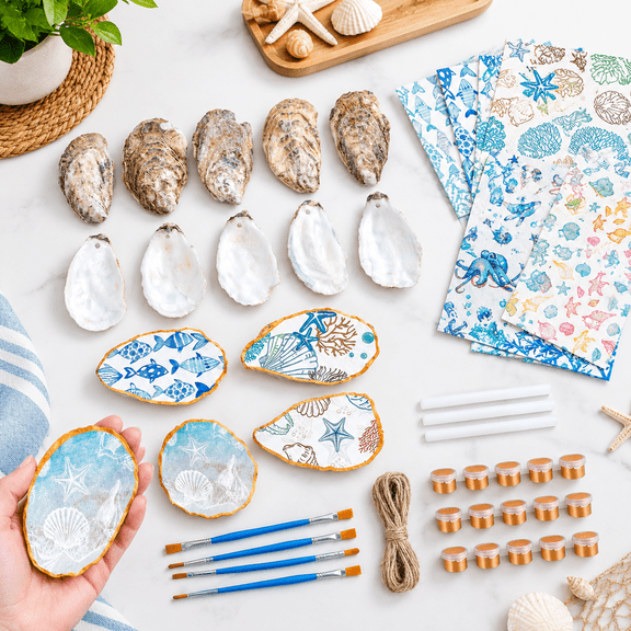 16 Set Diy Oyster Shell Decoupcrafts Kit Themed Shells For 4-5" Large Drilled With Napkinsts Brushes Wedding Art Hanging Ornament