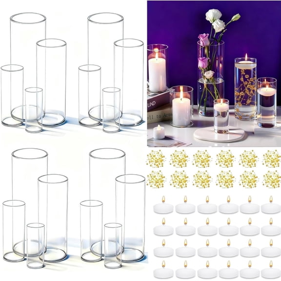 16 Set Glass Cylinder Vases for Centerpieces with 80000 Clear Beads 24 White Floating Candles 12 Pearl String Center Pieces Decoration for Table Table Wedding Party Home