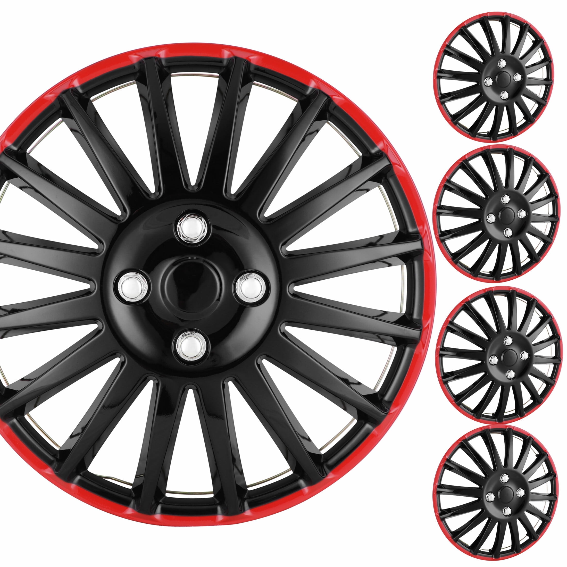 Winjet 16 Inch Wheel Covers, ABS, Black Lacquer & Red Lacquer, 4 Pack