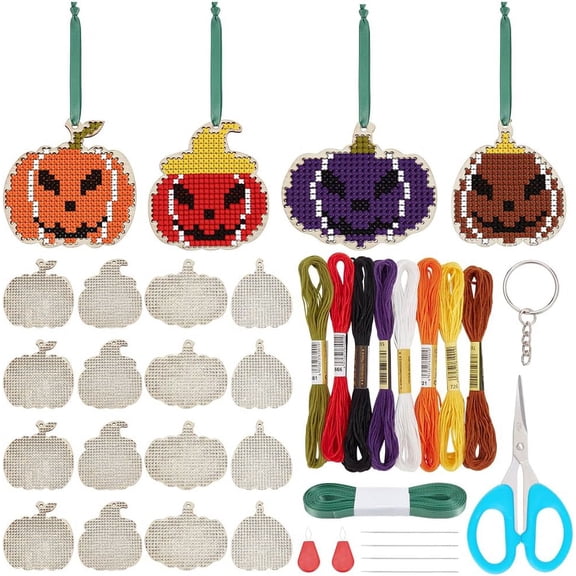 16 Set Wooden Cross Stitch Kit Keychain Ornament Sewing Board Wood 4 Style Pumpkin Sewing Kit Cross Stitch Hanging for Key&Bag Wooden Cross Stitch Blanks Set