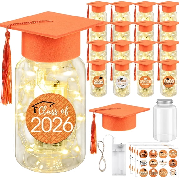 16 Sets 2026 Graduation Table Decorations,Mini Felt Grad Cap Centerpieces for Tables with LED Lights,PET Jars,Stickers,Class of 2026 High School College Party Supplies Decor Gifts (Orange)