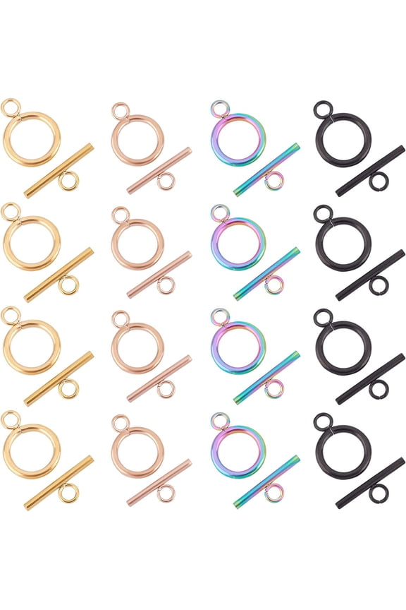 16 Sets 4 Color Stainless Steel Toggle Clasps Ring IQ Clasps OT Clasps T-Bar Closure Clasps Mixed Color Tibetan Style Round Clasps for Jewelry Making Craft diy