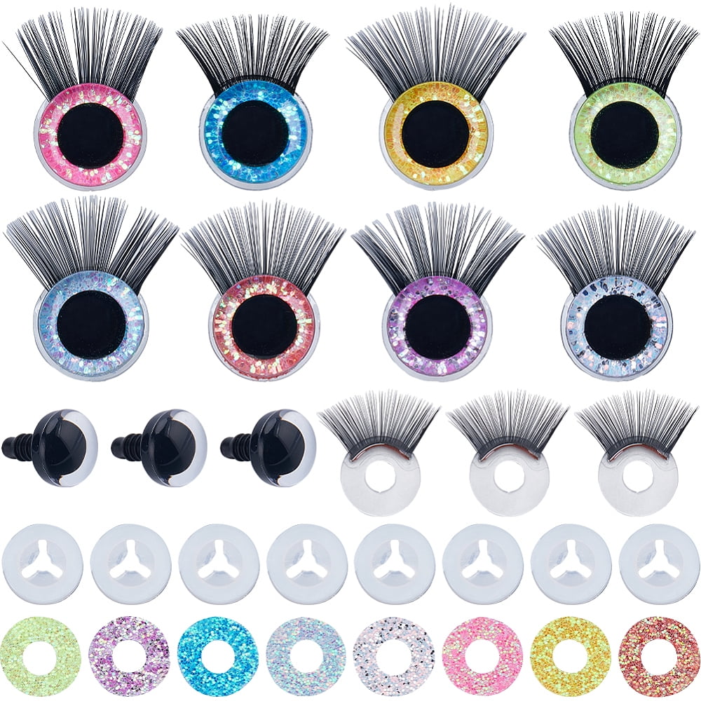 16 Sets 8 Colors Glitter Plastic Eye with Eyelashes Eye Make Up Accessories for DIY Craft Making Mixed Color 22x14mm 2 sets/color
