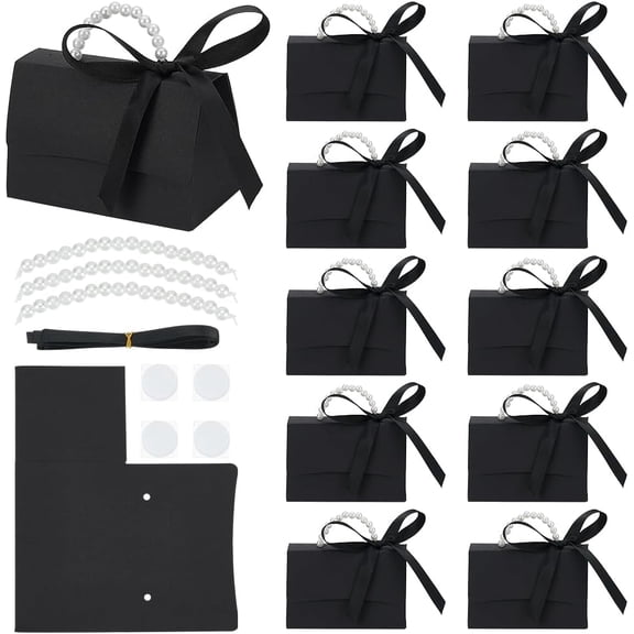 16 Sets Black Wedding Favors Box DIY Set Decorative Gift Boxes with Pearl Handle Ribbons Stickers Treat Boxes 3.862.17inch