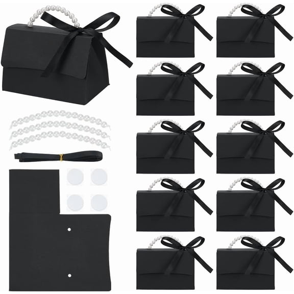 16 Sets Black Wedding Favors Box DIY Set Decorative Gift Boxes with Pearl Handle Ribbons Stickers Treat Boxes 5.122.95inch