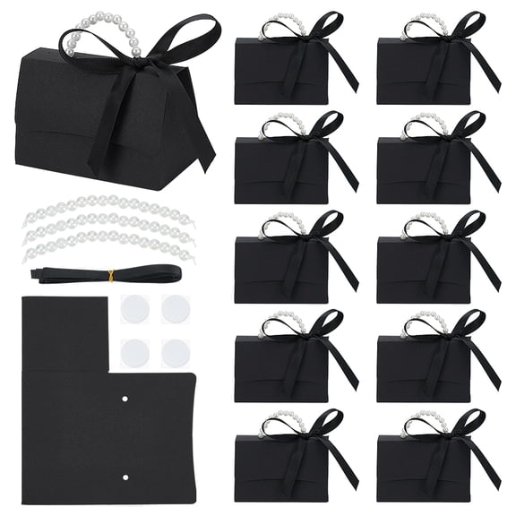 16 Sets Black Wedding Favors Box DIY Set Decorative Gift Boxes with Pearl Handle Ribbons Stickers Treat Boxes
