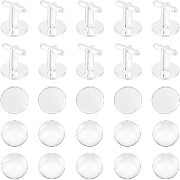 16 Sets Brass Cuff Button Cufflink Finding Cabochon Cufflink Settings Round Cuff Button Silver Tray Bezel Cufflink Blanks Setting for Apparel Accessories Clothes Buttons Making Silver 1box