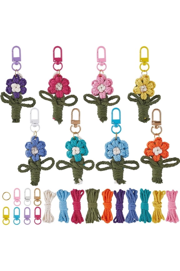 16 Sets Flower Keychain Making Kits Macrame Keychain Kit Flowers Keychain with Instruction Spring Cute Floral Macrame Kit for Beginners Adults Handbags DIY Hanging Ornament Decoration