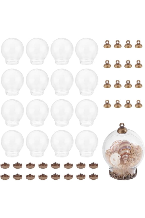 16 Sets Glass Globe Charms 2.5cm Clear Bottle Pendants Mini Glass Orbs Wish Bottle Charms with Bronze Brass Caps Blown Ball Bottle Charms for Jewelry Making