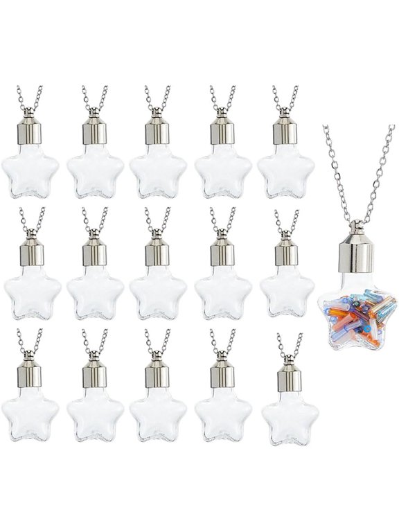 16 Sets Glass Vial Bottle Necklace Stainless Steel Hourglass Memory Wish Bottle with Chain Necklace and Jump Ring Star Glass Bottle Charm Screw Cap Bottles for Beads Perfume Hair Holder