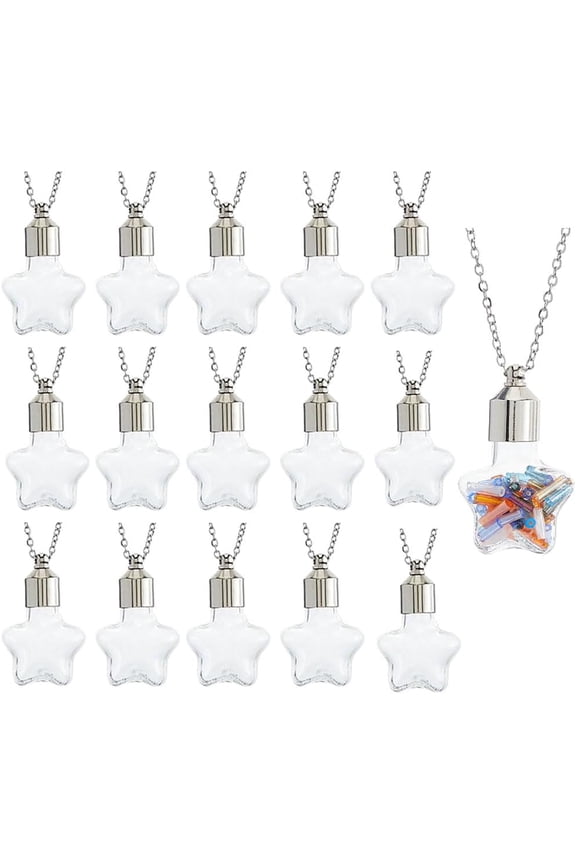 16 Sets Glass Vial Bottle Necklace Stainless Steel Hourglass Memory Wish Bottle with Chain Necklace and Jump Ring Star Glass Bottle Charm Screw Cap Bottles for Beads Perfume Hair Holder