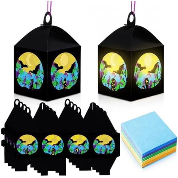16 Sets Halloween Bat Crafts Bat Tissue Paper Sign Lanterns Craft Kits Make Your Own Hanging Ornament DIY Supplies for Halloween Party Trick or Treat Party Game Decors