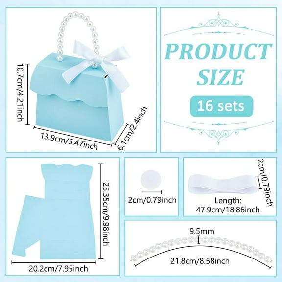 16 Sets Light Cyan Wedding Favors Box DIY Set 5.44.22.4 inch Decorative Gift Boxes with Pearl Handle Ribbons Stickers Gift Boxes for Birthday Party Favor