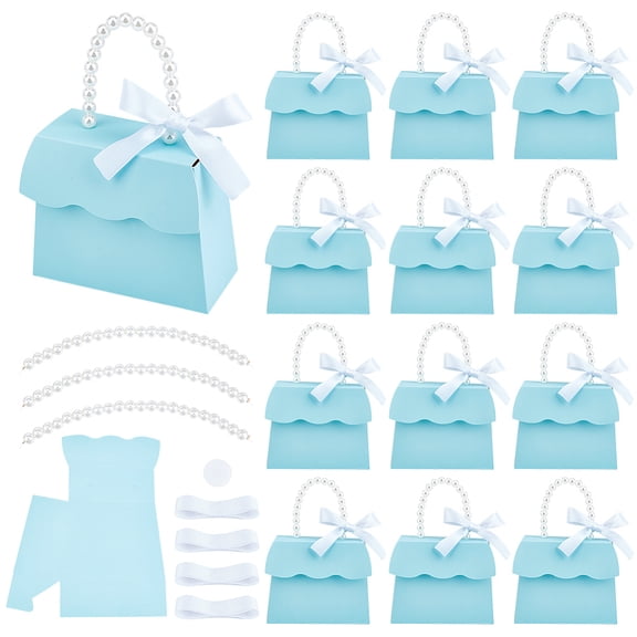 16 Sets Light Cyan Wedding Favors Box DIY Set 5.44.22.4 inch Decorative Gift Boxes with Pearl Handle Ribbons Stickers Gift Boxes