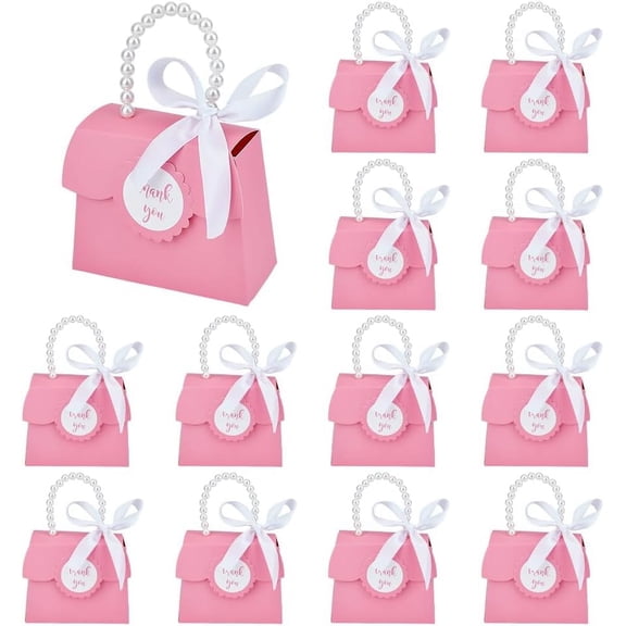 16 Sets Pink Wedding Favors Box DIY Set 7.85.32.2 inch Kraft Paper Box with Pearl Handle Ribbons Stickers Gift Boxes for Birthday Party Favor Boutique Wedding