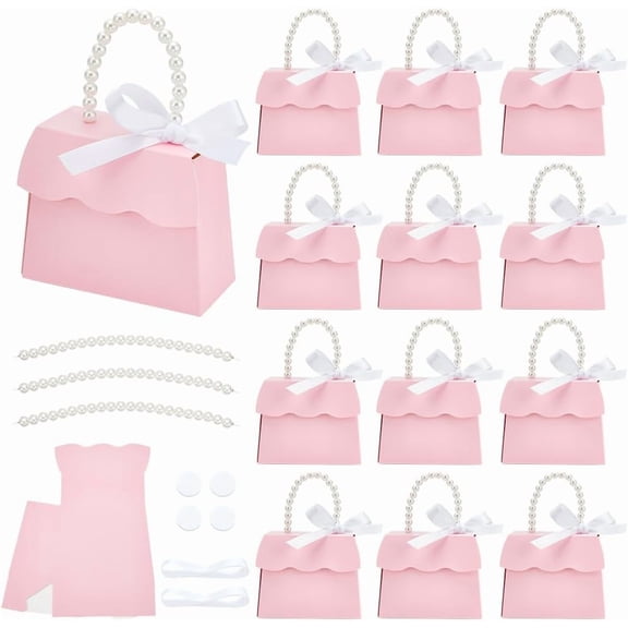 16 Sets Pink Wedding Favors Box DIY Set, Kraft Paper with Pearl Handle, Ribbons, Stickers, Gift Boxes for Birthday, Party Favor, Boutique, and Anniversary