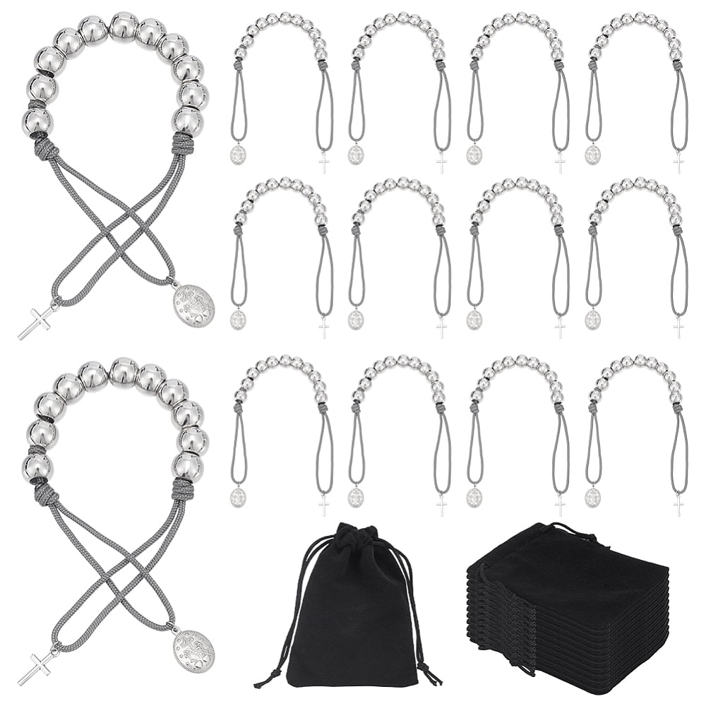 16 Sets Pocket Rosary Bracelets One Decade Cord Rosary Beads Gift with Charm Velvet Bag for Baptism Favors