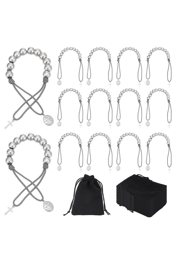 16 Sets Pocket Rosary Bracelets One Decade Cord Rosary Beads Gift with Charm Velvet Bag for Baptism Favors