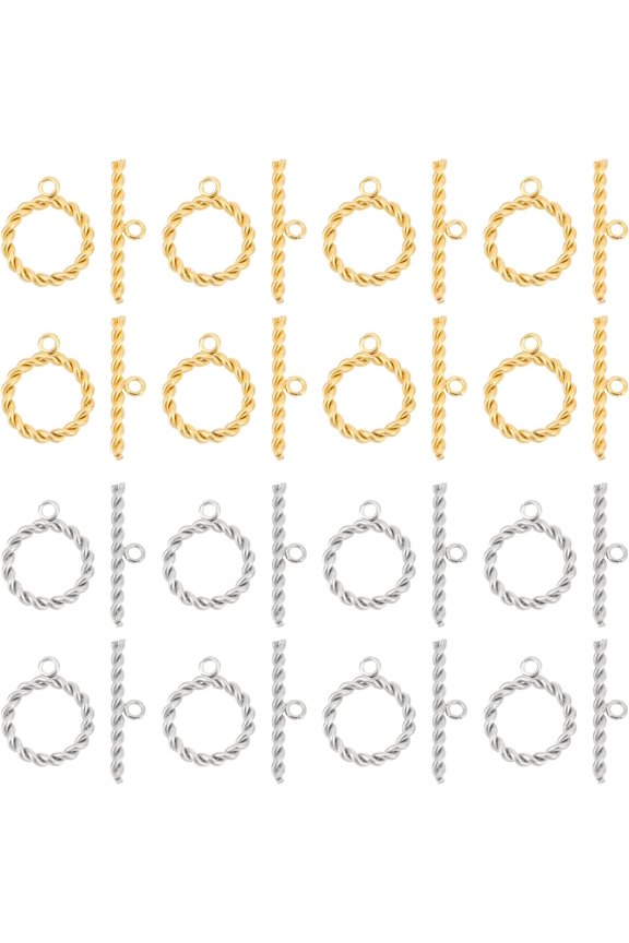 16 Sets Toggle Clasps 2 Colors Stainless Steel Round Twist Ring Toggle Connectors Metals OT End Clasps Connectors T Bar Closure Clasp for DIY Necklace Bracelet Jewelry Making 18mm