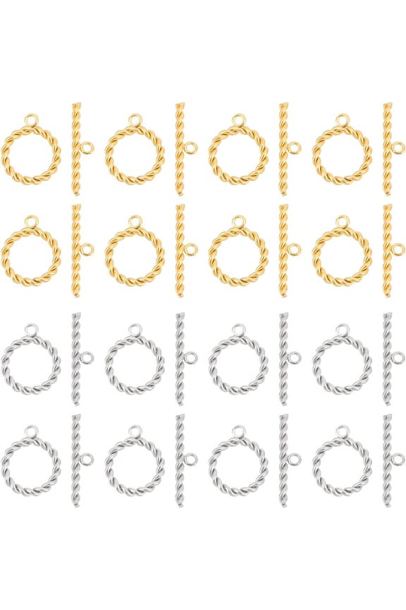 16 Sets Toggle Clasps 2 Colors Stainless Steel Round Twist Ring Toggle Connectors Metals OT End Clasps Connectors T Bar Closure Clasp for