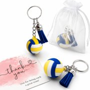 16 Sets Volleyball Keychain Gift with Thank You Cards and Organza Bags, Blue Yellow Sports Keychains with Tassel Pendants for Team Celebrations, Summer Tournament Favors and Volleyball Fans