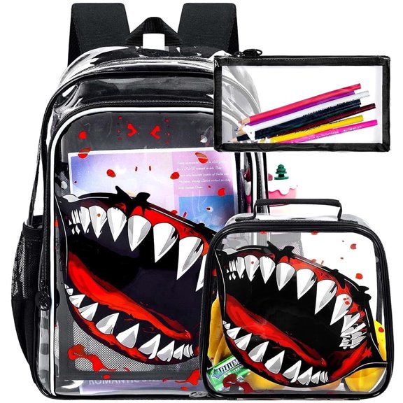 16" Shark Clear Backpack for Boys - 3Pcs School Stadium Approved Transparent Set, Campus See Through Bookbag with Lunch Box (Black)