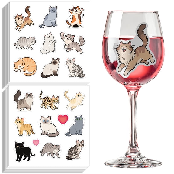 16 Sheets 144 Pcs Glass Drink Markers Wine Stickers for Glasses Self-adhesive Wine Stickers for Tasting Party BBQ Wedding Cat Shape