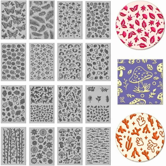 16 Sheets 16 Styles Animals Dandelions Polymer Clay Texture Mat Mushrooms Modeling Pattern Pad Plants Fruits Texture Sheets for Polymer Clay Making Earrings Jewelry Tools 42.6 inch