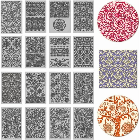16 Sheets 16 Styles Retro Lace Polymer Clay Texture Mat Mandala Tree Modeling Pattern Pad Texture Sheets for Polymer Clay Making Earrings Jewerly Tools 42.6 inch Colorful