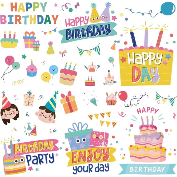 16 Sheets Birthday Theme Wall Stickers Happy Birthday Stickers Cake Window Stickers PVC Waterproof Self Adhesive Wall Decals Removable for Window Decor Clings Stairway Housewarming Gift Colorful