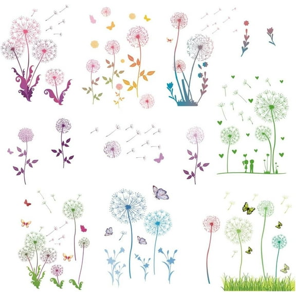 16 Sheets Dandelion Decals Colorful Plant Stickers Flower Window Stickers Waterproof Removable Vinyl Wall Art for Restroom Bedroom Living Room Decorations Mixed Color