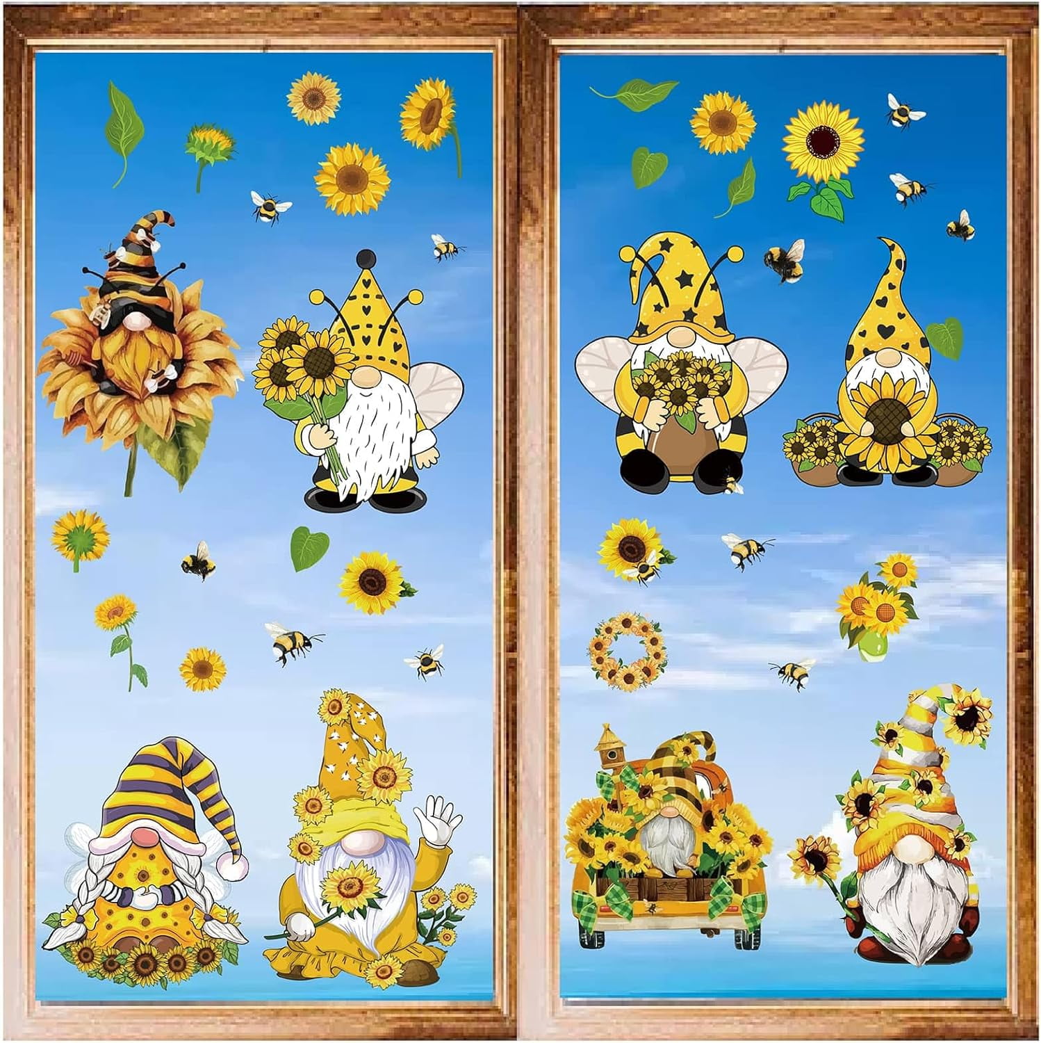 16 Sheets Gnome Wall Stickers Sunflower Stickers Dwarf Elf Bees Flower