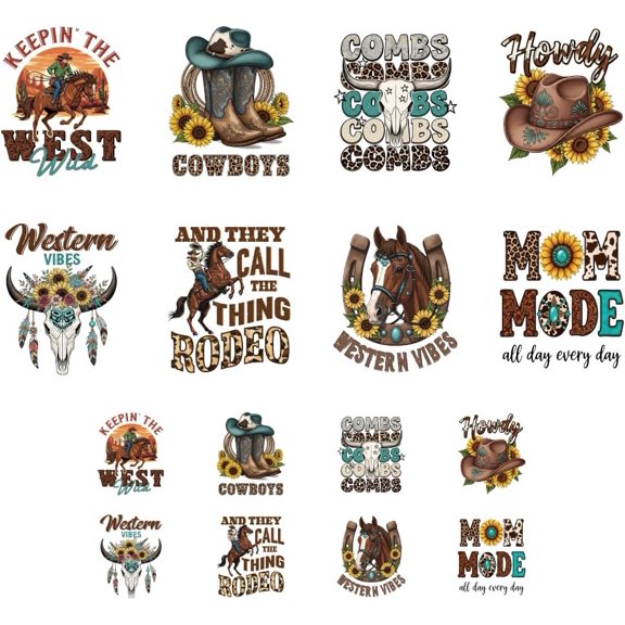 16 Sheets Iron on Transfers for DIY T-Shirts Cowboy and Horse DTF Transfers Ready to Press Washable Iron on Decals for DIY Women Girls Clothing Hat Bag Pillow DIY Crafts