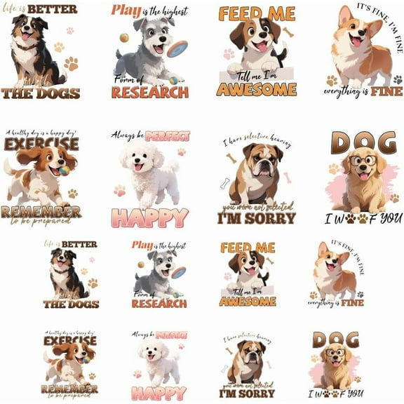 16 Sheets Iron on Transfers for T-Shirts Dog and Paw Prints DTF Transfers Ready to Press Washable Iron on Decals for Women Girls Clothing Hat Bag Pillow DIY Crafts Plastic
