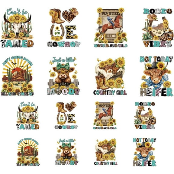 16 Sheets Iron on Transfers for T-Shirts Western Theme DTF Transfers Ready to Press Washable Iron on Decals for Women Girls Clothing Hat Bag Pillow DIY Crafts