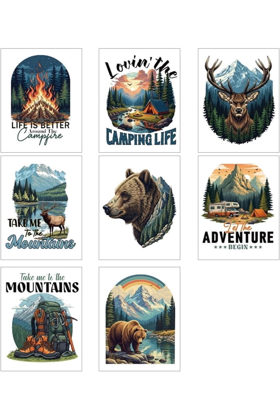 16 Sheets Iron on Transfers T-Shirts Adventure and Camping Pattern DTF Transfers Ready to Press Washable Iron on Decals