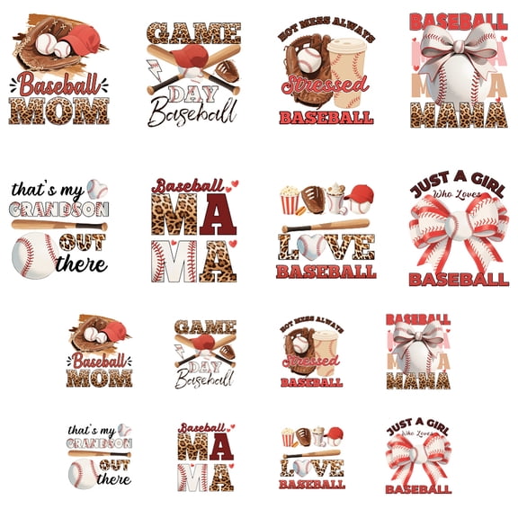 16 Sheets Iron on Transfers T-Shirts Baseball and DTF Transfers Ready to Press Washable Iron on Decals