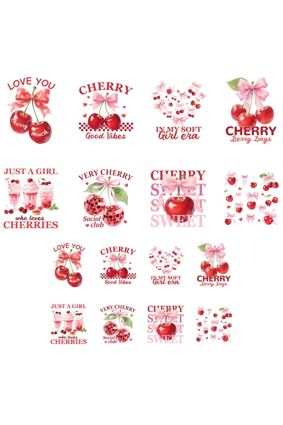16 Sheets Iron on Transfers for T-Shirts Cherry and Tie DTF Transfers Ready to Press Washable Iron on Decals