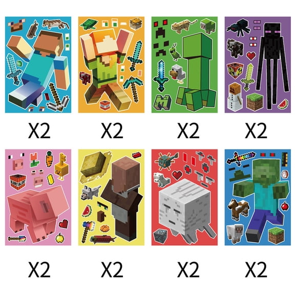 16 Sheets Pixel Block Character Sticker Pack - Waterproof Vinyl Decals for Notebooks, Laptops & Water Bottles - Sandbox Theme with Animals, Tools & Icons for DIY Crafts & Gaming Enthusiasts